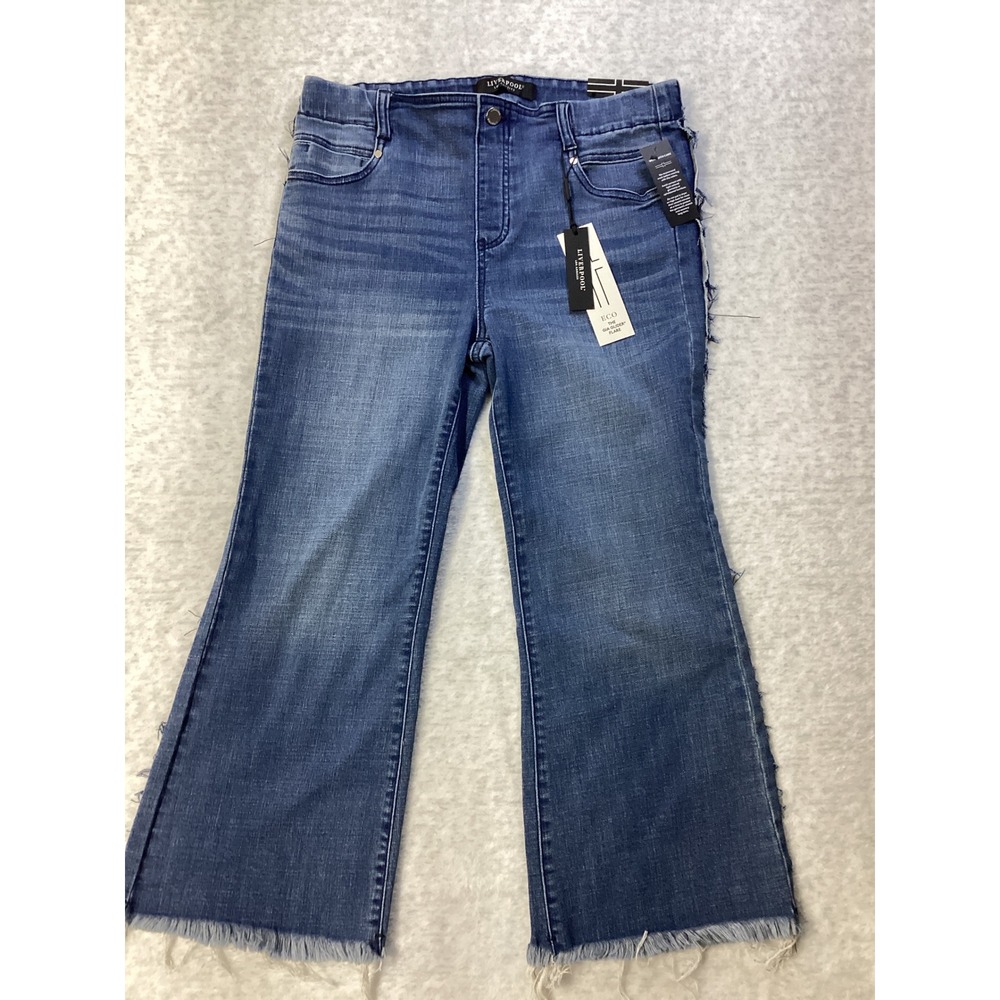 Liverpool Gia Glider Flare Jeans Petite 10/30 Blue Frayed Side Seam Raw Hem NEW